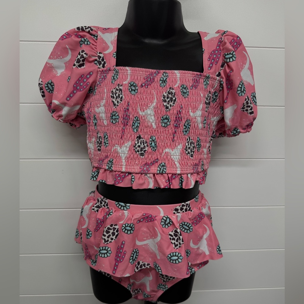 two-piece swimsuit with western print
